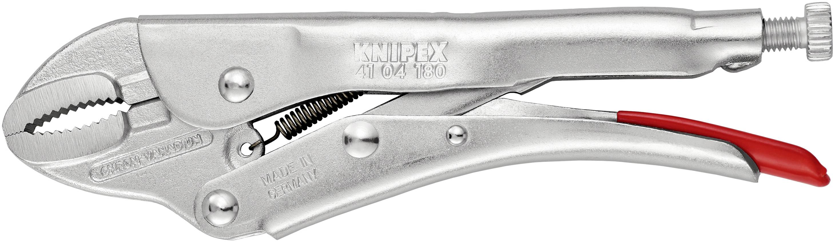 Pinza a morsetto argentata con impugnatura regolabile, ideale per afferrare o bloccare oggetti. Marcatura: 'KNIPEX'.