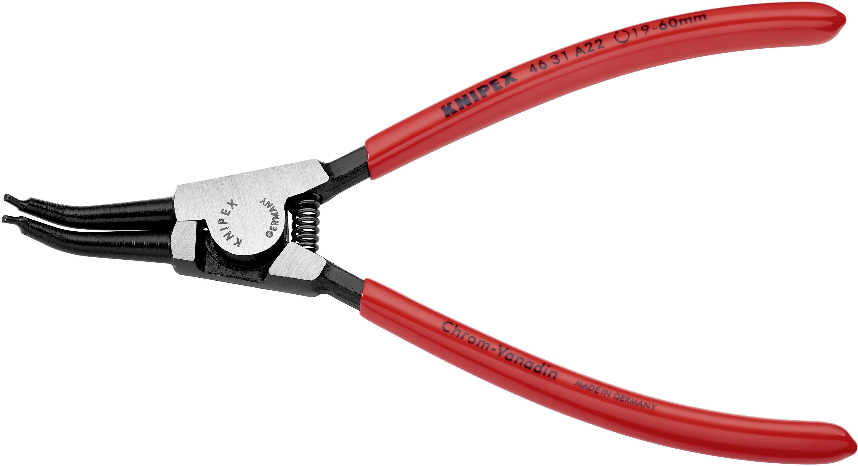 Pinza con manici rossi, appositamente progettata per il montaggio di anelli elastici. Marcatura 'Knipex 46 31 A21' sullo strumento.
