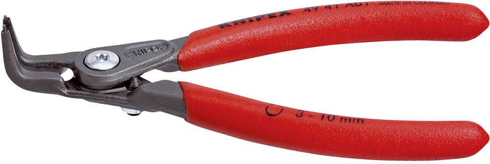 Pinza a becchi curvi colore rosso per anelli elastici, adatta per il fissaggio o la rimozione di anelli di bloccaggio su alberi, idonea per anelli da 3-10 mm.
