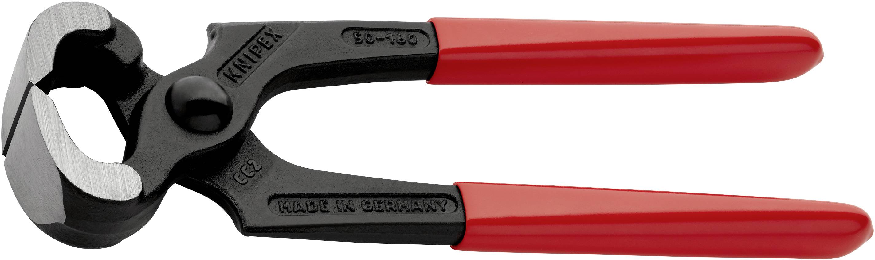 Una pinza a becchi corti nera con impugnature rosse, adatta per taglio di fili e tagli universali. Prodotta in Germania, marca Knipex.