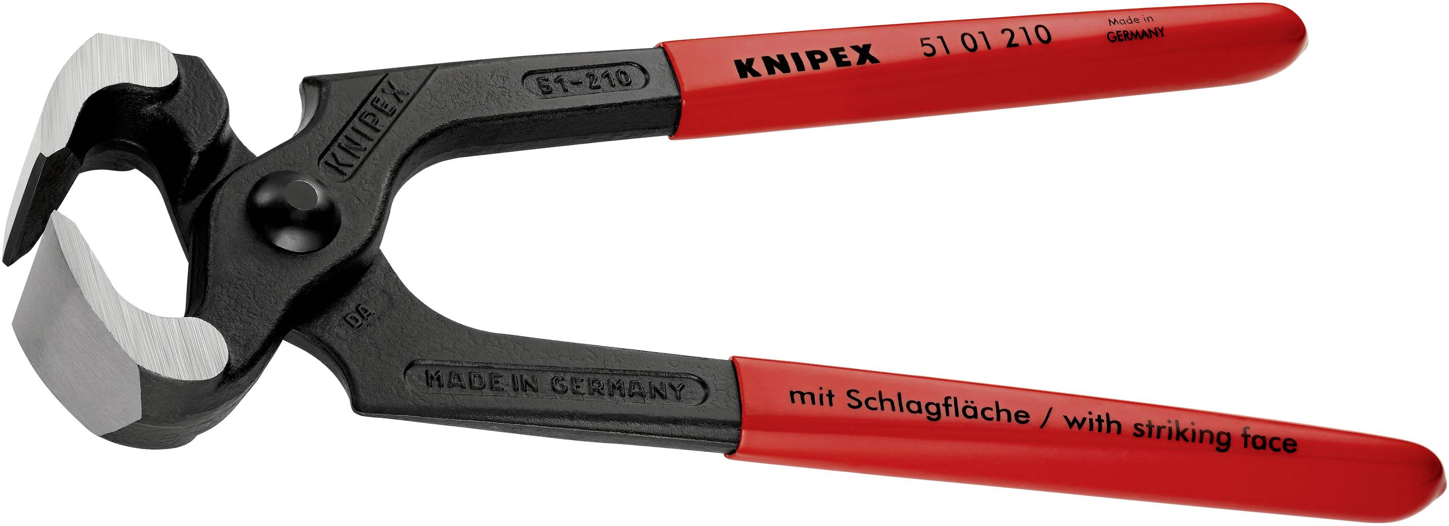 Una pinza Knipex rossa e nera con la scritta 'con superficie di percussione' sul manico.