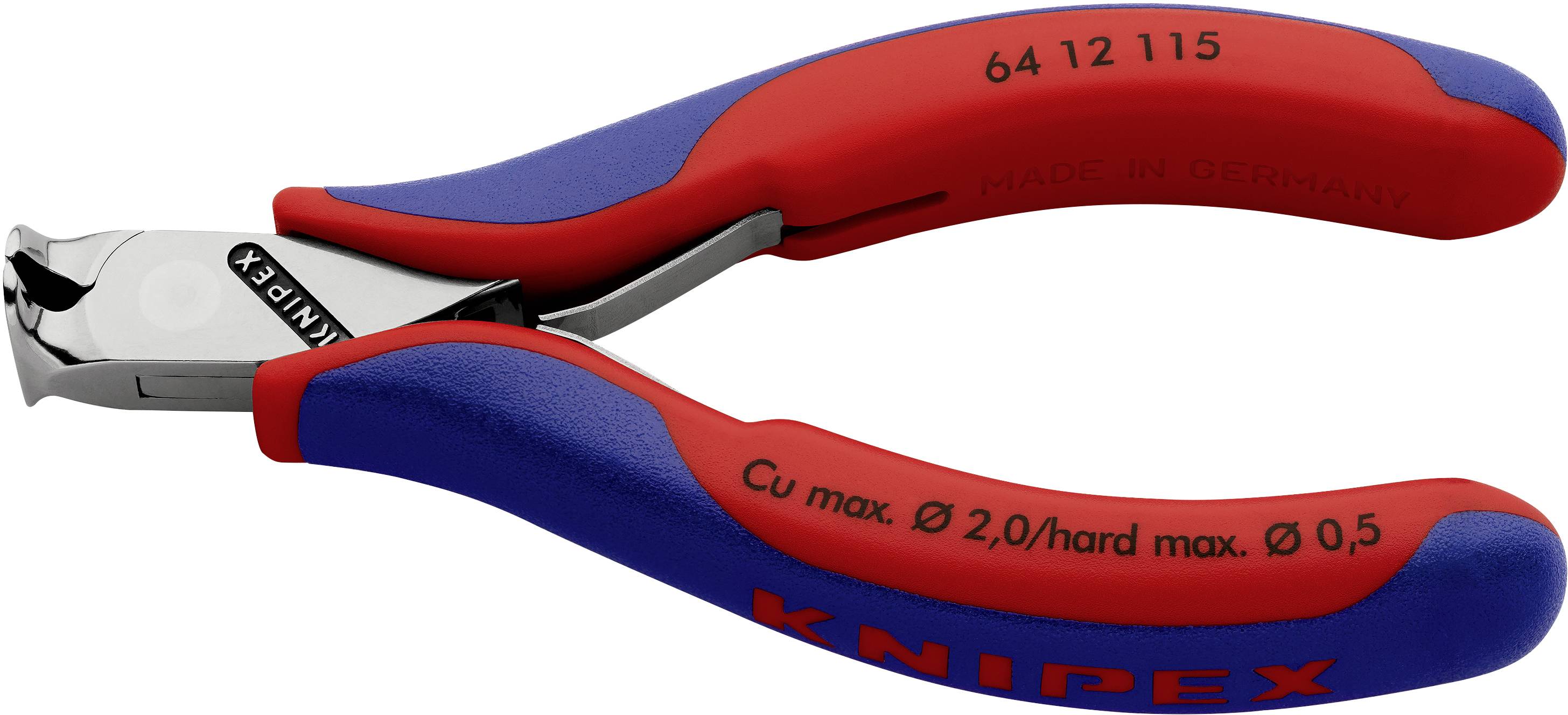 Tronchese con manici blu e rossi, logo Knipex. Modello numero 64 12 115, adatta per fili duri fino a 2 mm di diametro.