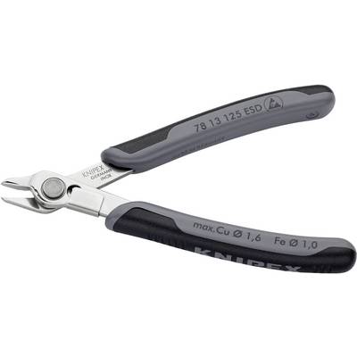 Tronchese con impugnatura grigia, adatta per lavori elettronici. Marcature: 'KNIPEX' e 'max. Cu Ø 1,6 Fe Ø 1,0'.