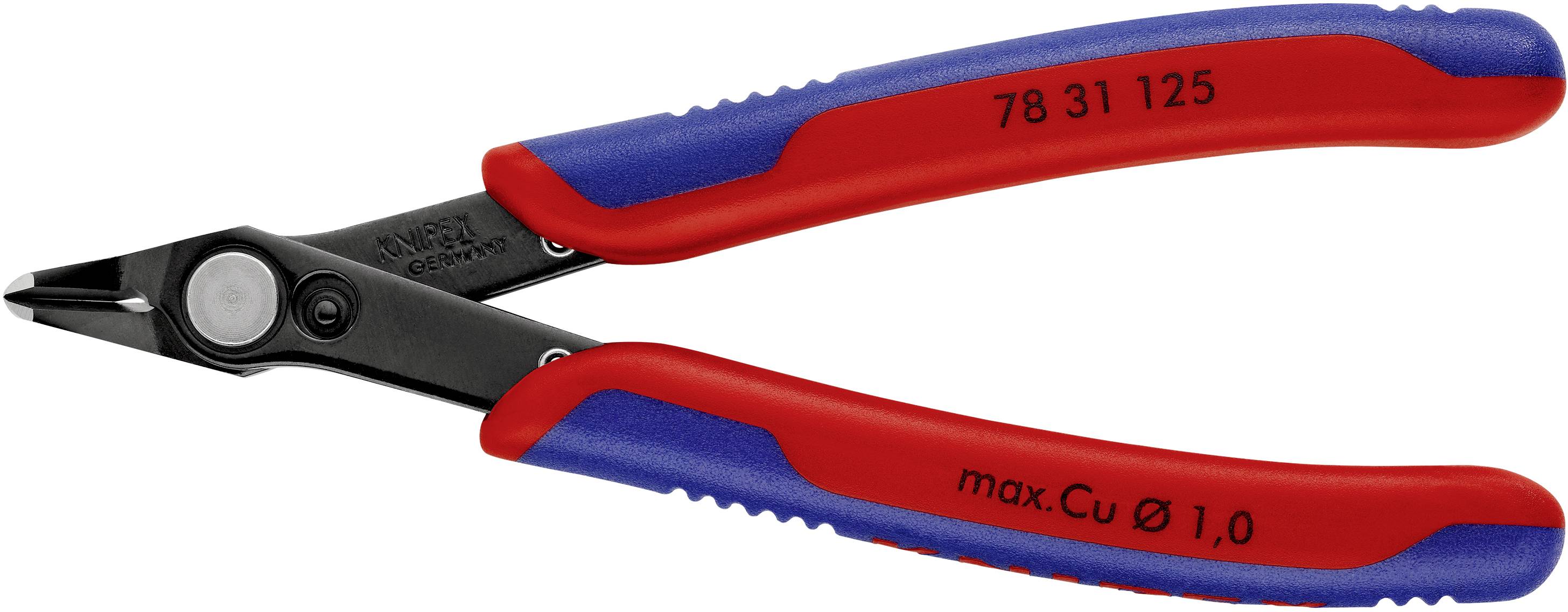 Una pinza elettronica rossa e blu con superficie di taglio nera. Sul manico è riportato 'max. Cu Ø 1,0' e il numero del modello.