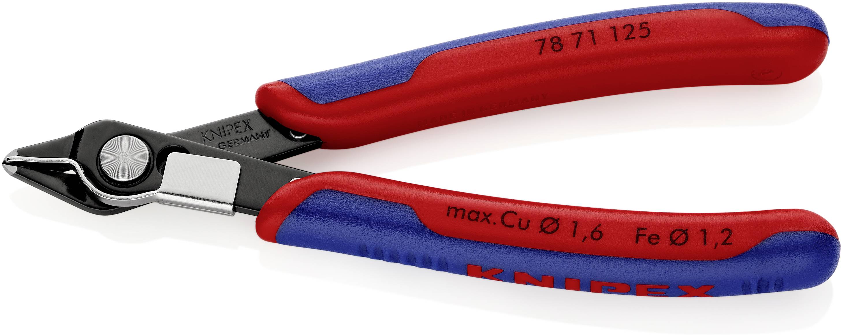 Pinza diagonale con impugnature rosse e blu. Adatta per diametri di filo fino a 1,6 mm (rame) e 1,2 mm (ferro).