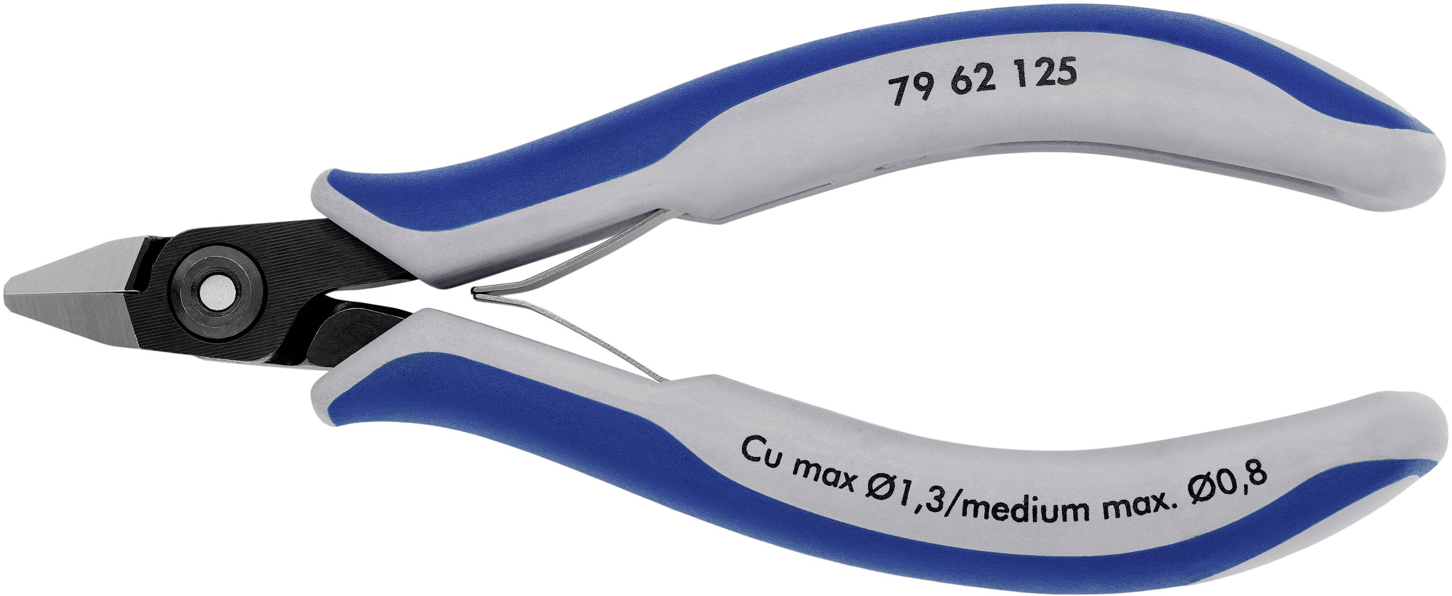 L'immagine mostra una pinza con impugnature blu, adatta per fili di rame fino a Ø1,3 mm e spessore medio fino a Ø0,8 mm.
