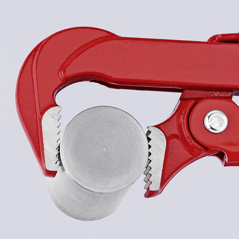 Una pinza regolabile rossa afferra un tubo d'argento.