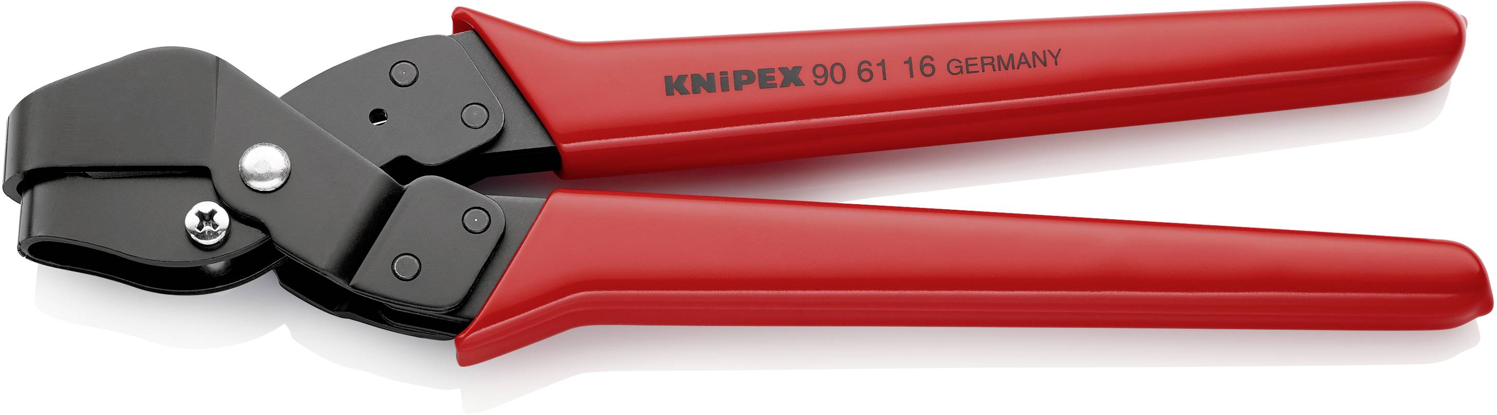 Un paio di forbici per cavi rosse del marchio Knipex, modello numero 90 61 16 provenienti dalla Germania, giacciono aperte su uno sfondo bianco.