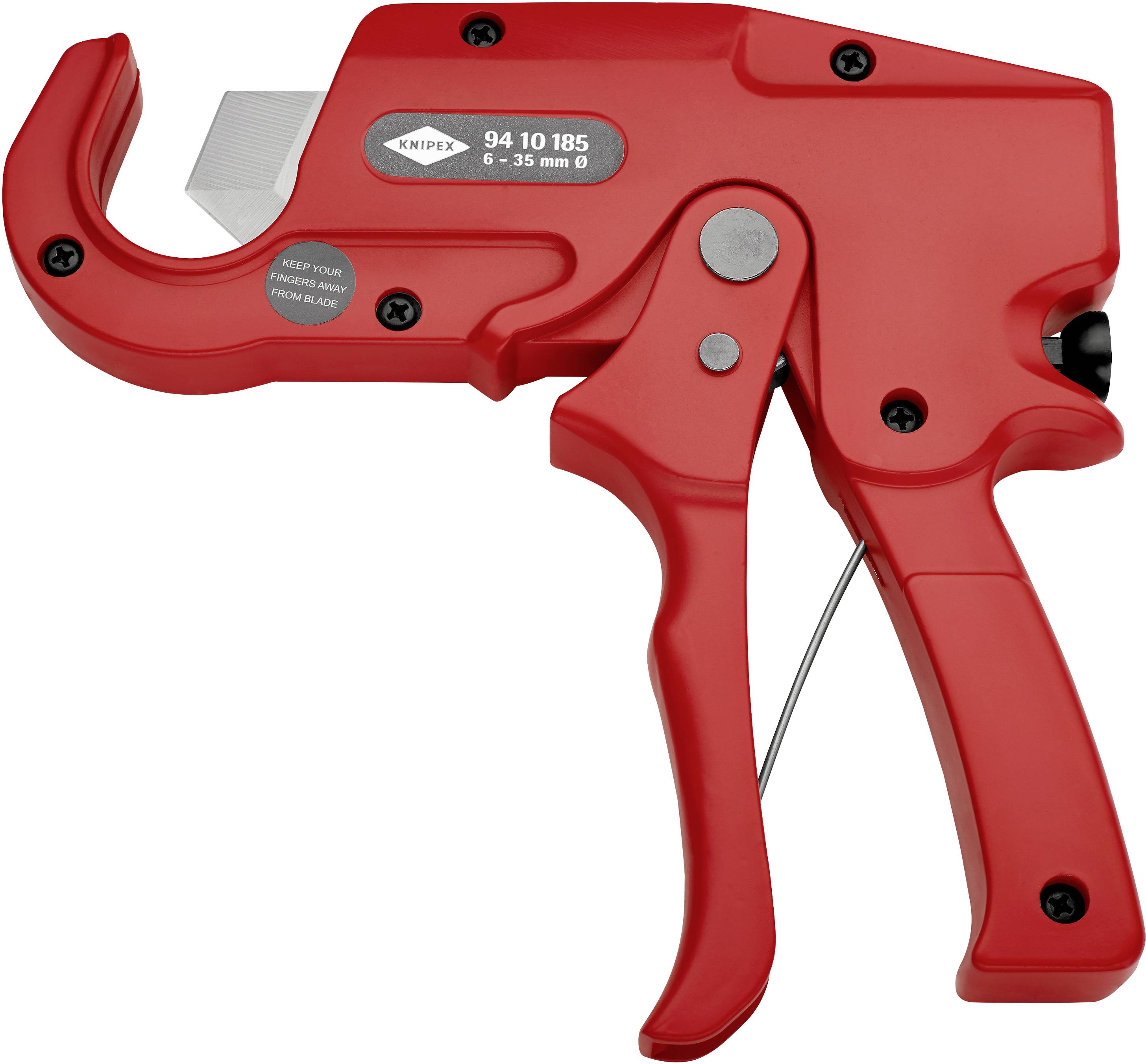 Tagliatubi manuale Rohrschneider in rosso, adatto per tubi in plastica da 6 a 35 mm di diametro, con impugnatura ergonomica e dispositivo di sicurezza.