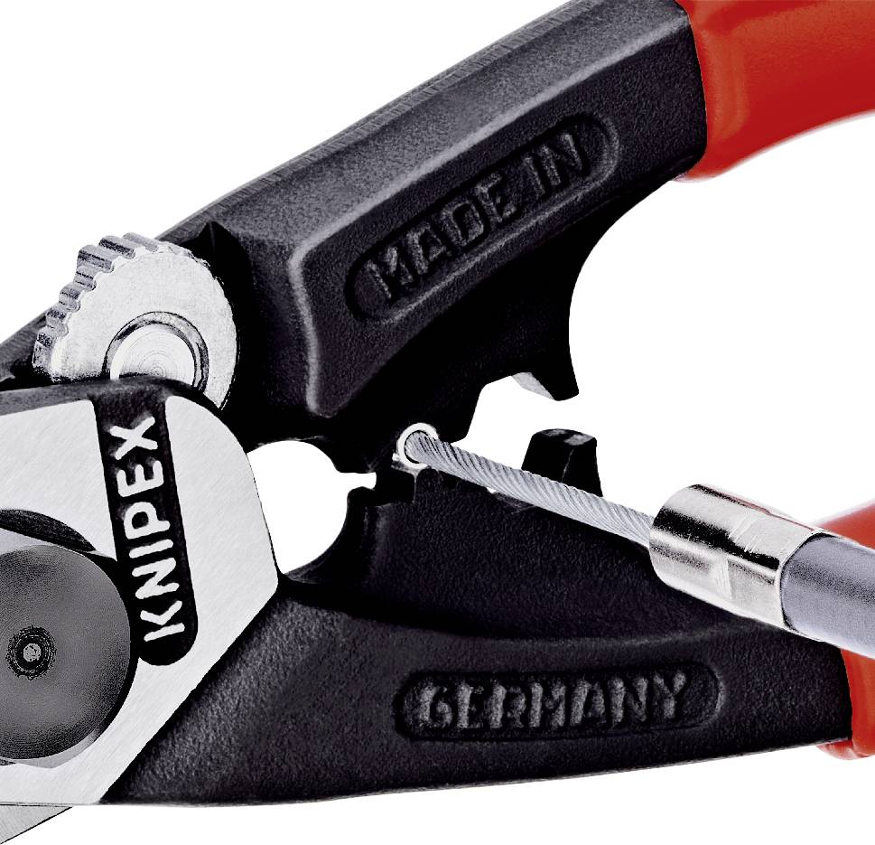 Utensile manuale con manico rosso, stampigliato con 'Made in Germany' e 'Knipex'.