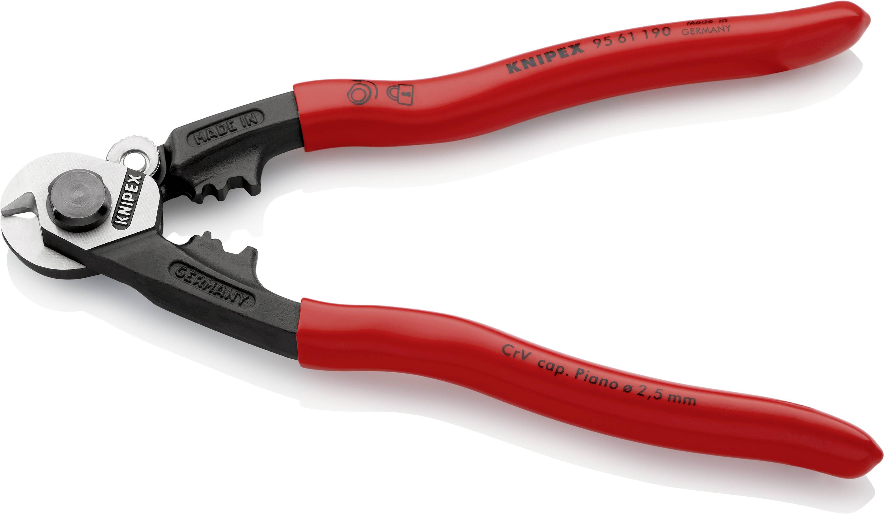 Tronchese rossa per taglio cavi con tagliente in metallo nero. Testo sul manico: 'KNIPEX' e 'CV-cap. Piano 2,5 mm'.
