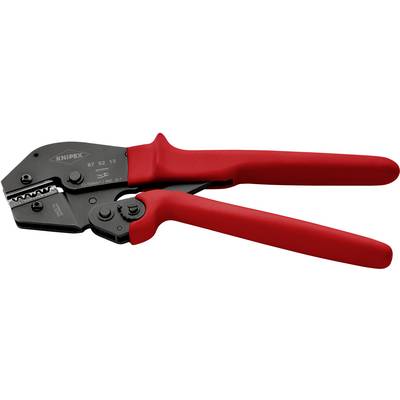 Una pinza crimpatrice rossa con parti metalliche nere, utilizzata per connettere cavi e connettori.