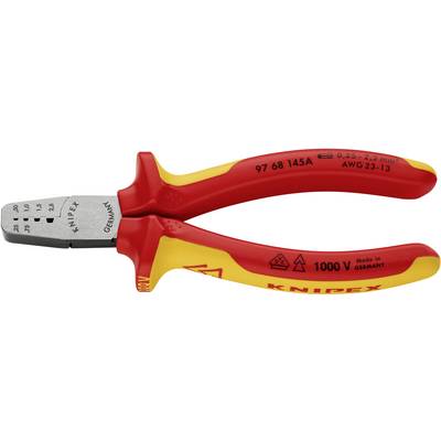 Pinza crimpatrice isolata rossa e gialla con la scritta 'Knipex', adatta per sezioni da 0,25 a 2,5 mm². Utilizzata per lavori elettrici.