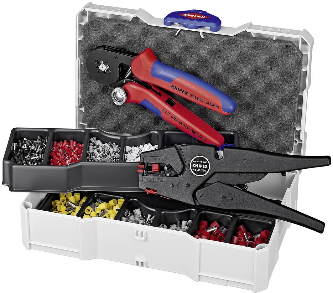 Valigetta degli attrezzi con pinza crimpatrice e pinza a pressione Knipex, riempita con connettori colorati per cablaggi elettrici.
