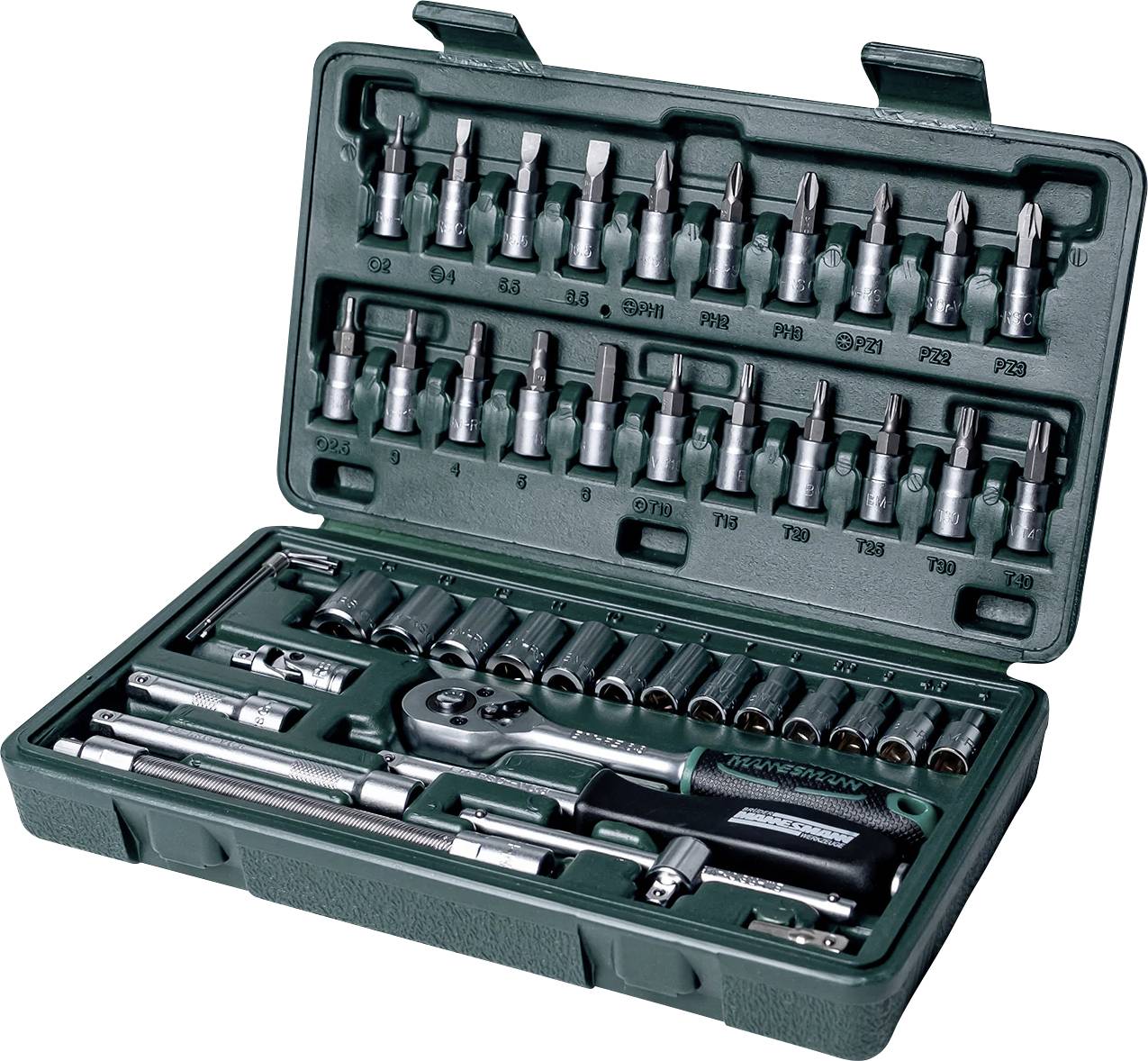 Un set di attrezzi aperto con vari cricchetti, inserti e una chiave a cricchetto per lavori di riparazione e montaggio.