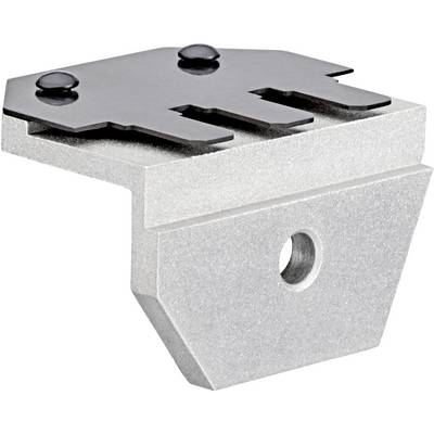 Un angolare di fissaggio metallico con foro per il montaggio, realizzato in materiale grigio con una superficie superiore scura e appiattita.