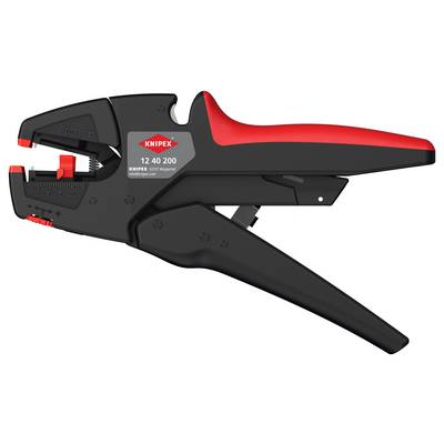 Un utensile spelafili nero e rosso con impostazioni regolabili e un'etichetta del marchio che riporta 'Knipex 12 40 200'.