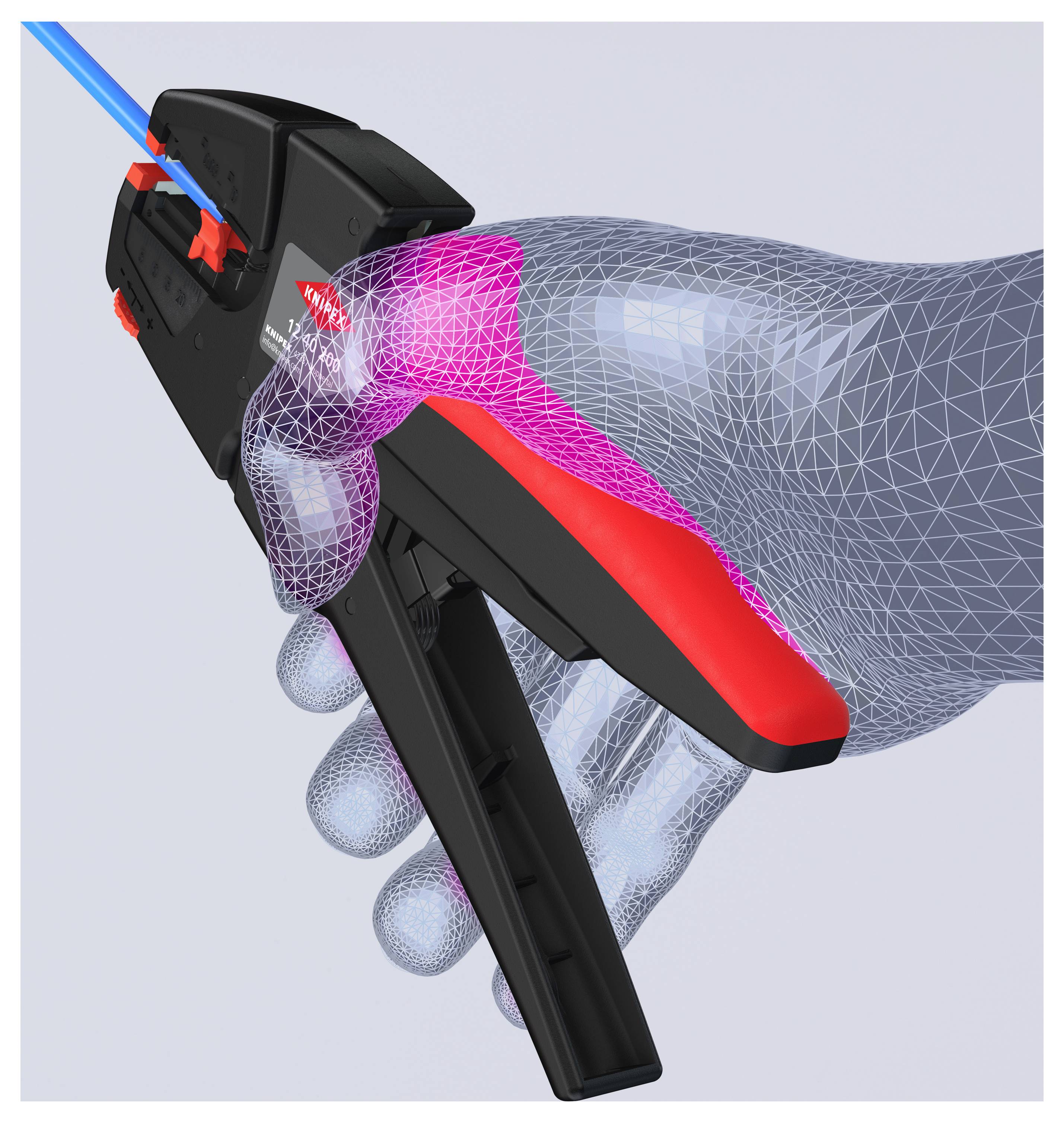 Un'illustrazione digitale mostra un utensile per spellare fili in azione, con un manico a rete che evidenzia il design ergonomico.