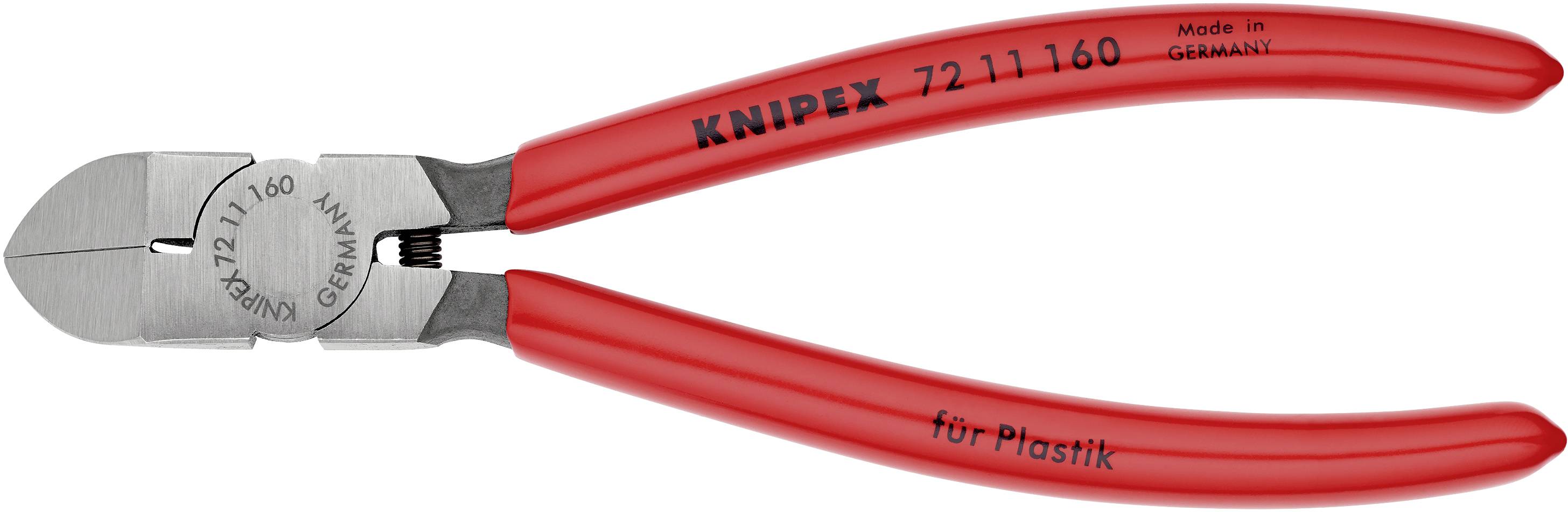 Pinza in plastica rossa con scritta 'Knipex 72 11 160', 'Made in Germany' e 'per plastica'. Adatta al taglio di materiale plastico.
