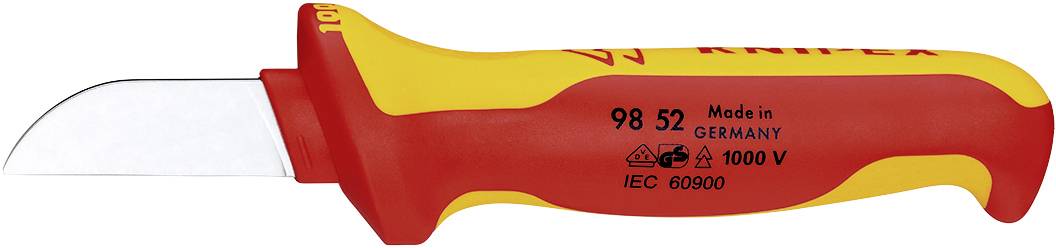 Coltello isolante per elettricisti con manico rosso e giallo, idoneo per lavori fino a 1000 volt.