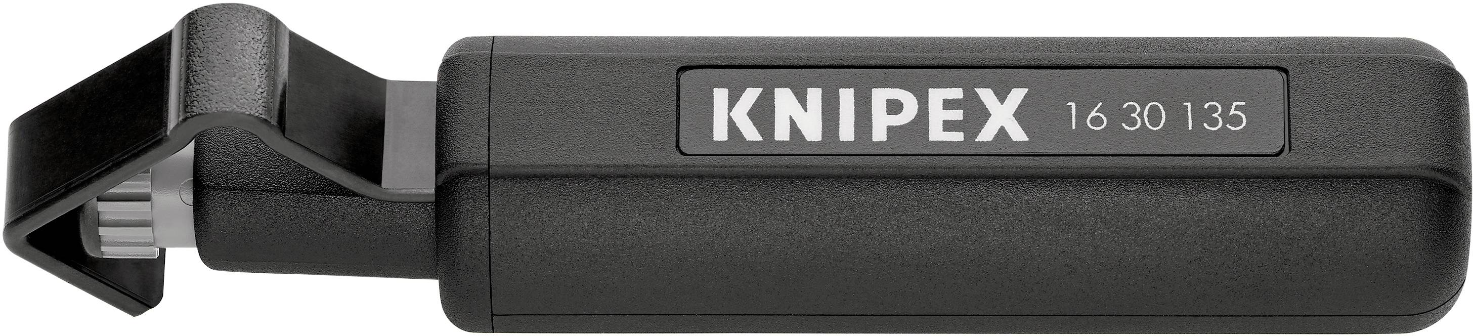 Un utensile per spelare cavi nero della marca Knipex, modello 16 30 135, con impugnatura zigrinata e lama in metallo.