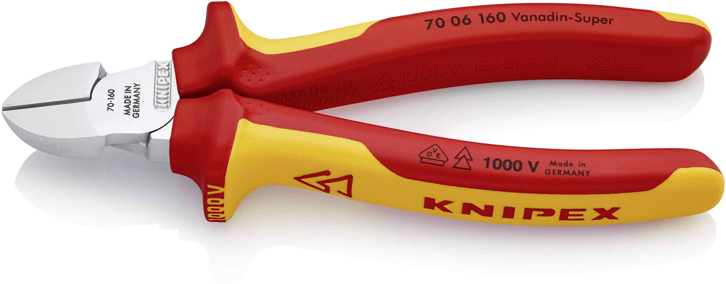 Pinza elettrica rossa e gialla con tagli laterali, per lavori fino a 1000 volt, prodotta in Germania.