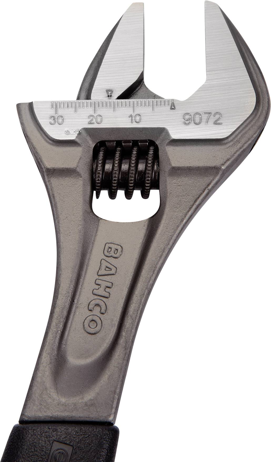 Chiave inglese regolabile in metallo con scala sul becco, marchio 'Bahco' sul manico. Adatta per diverse dimensioni di viti.