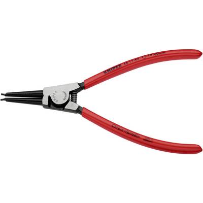 Pinza per anelli di sicurezza di colore rosso con punte in metallo e testa nera, adatta per anelli interni con diametro da 19 a 60 mm.