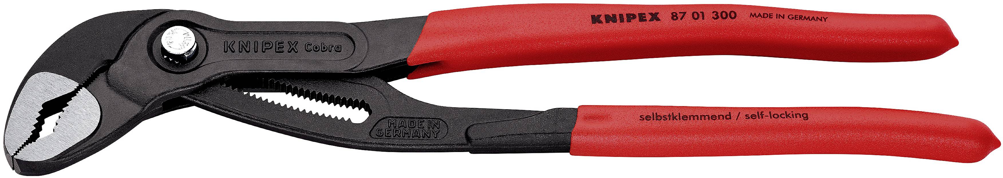 Pinza con impugnatura rossa, nota per il meccanismo di presa autoBloccante. Marcatura 'KNIPEX 87 01 300'.