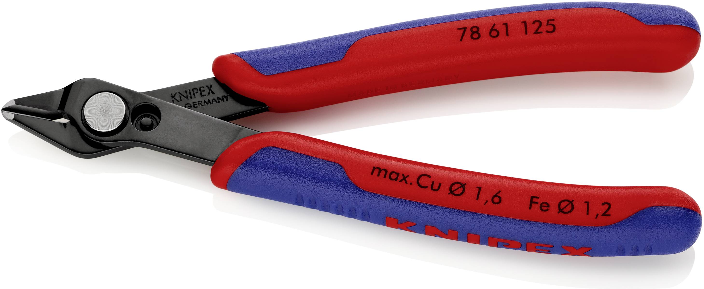 Knipex pinze laterali per elettronica con impugnature rosse e blu, adatte al taglio di fili di rame e ferro.