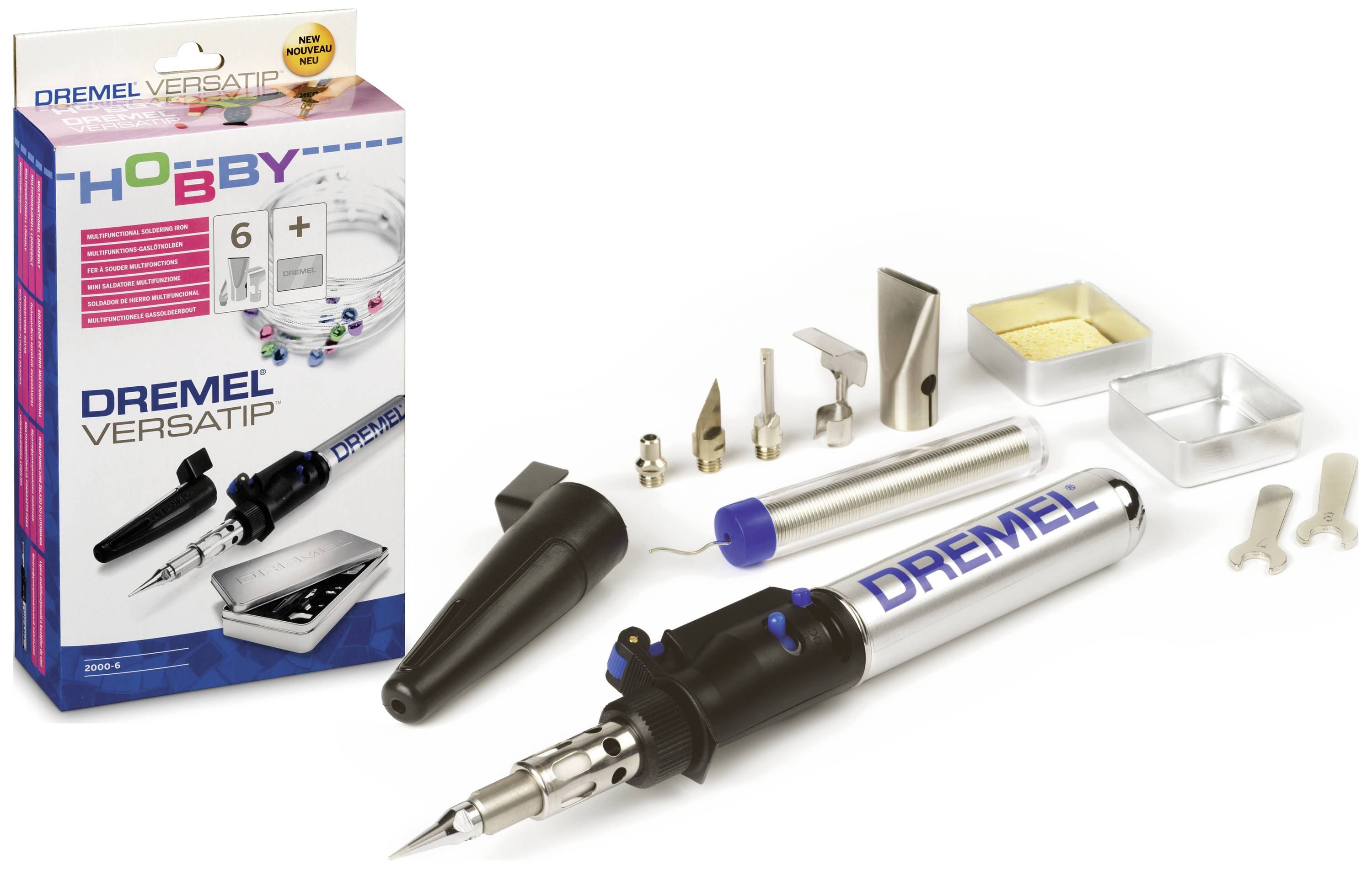 Set di utensili multiuso 'Dremel VersaTip' con punta per saldatura, vari accessori e componenti, adatto per progetti creativi. Confezione sullo sfondo.