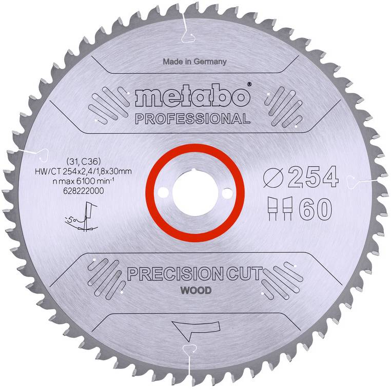 Lama circolare Metabo Professional per seghe con taglio di precisione per il legno, diametro 254 mm e 60 denti, mostrata frontalmente con foro centrale.