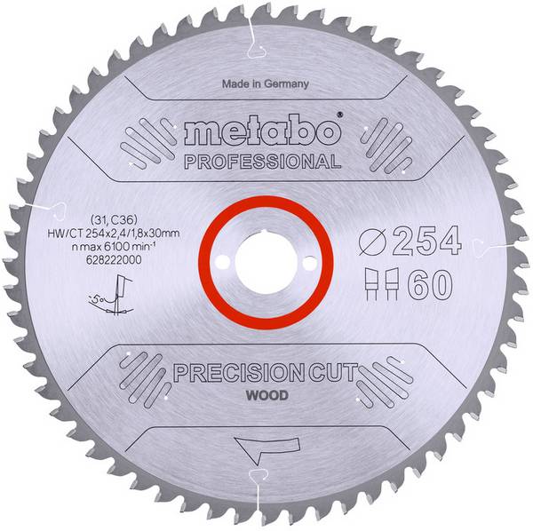 Metabo HW/CT 254X30 60 WZ 628222000 Lama circolare in metallo duro 254 x 30 x 1.8 mm Numero di denti: 60 1 pz.
