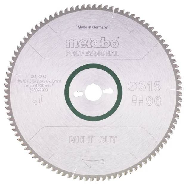 Una lama da sega circolare in metallo con inciso 'Metabo Professional Multi Cut' e 'Made in Germany'. Diametro di 315 mm.