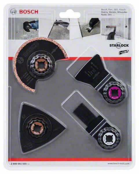 Quattro lame Bosch Starlock in confezione, ciascuna con applicazioni specifiche per diversi materiali.