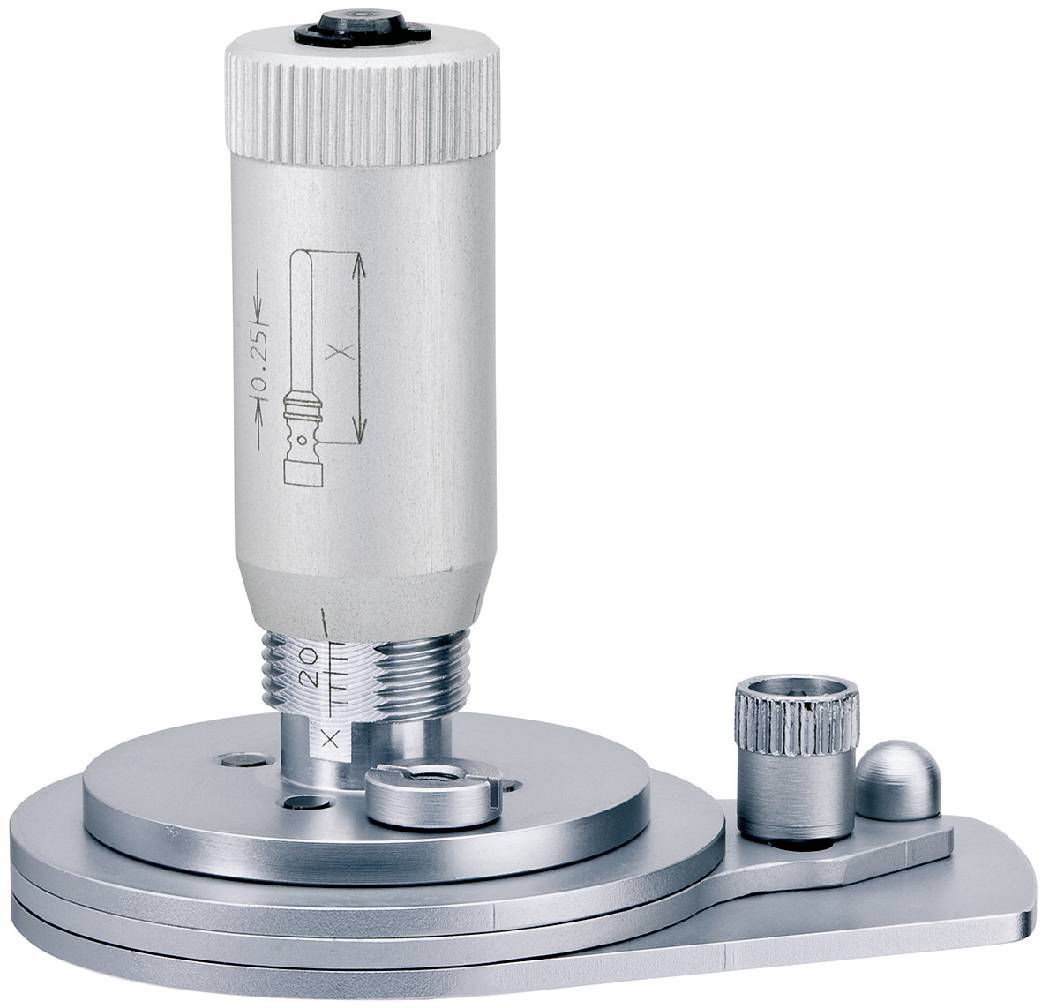 Micrometro di precisione con scale e vite di regolazione, su base circolare. Adatto per misurazioni precise in applicazioni tecniche.