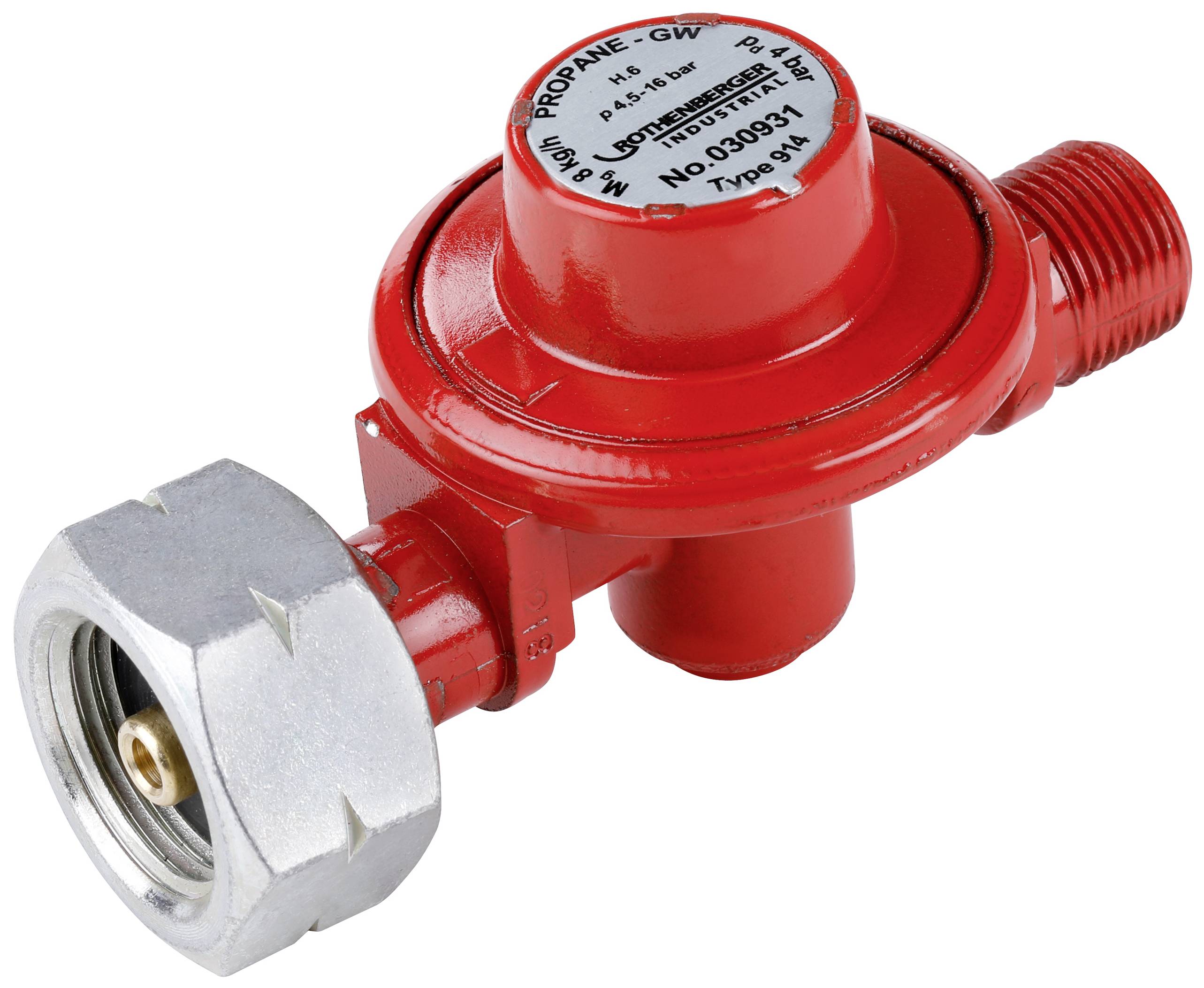 Regolatore di pressione del gas rosso con attacco argentato, etichetta con 'PROPANO', dati tecnici e informazioni del produttore visibili in alto.