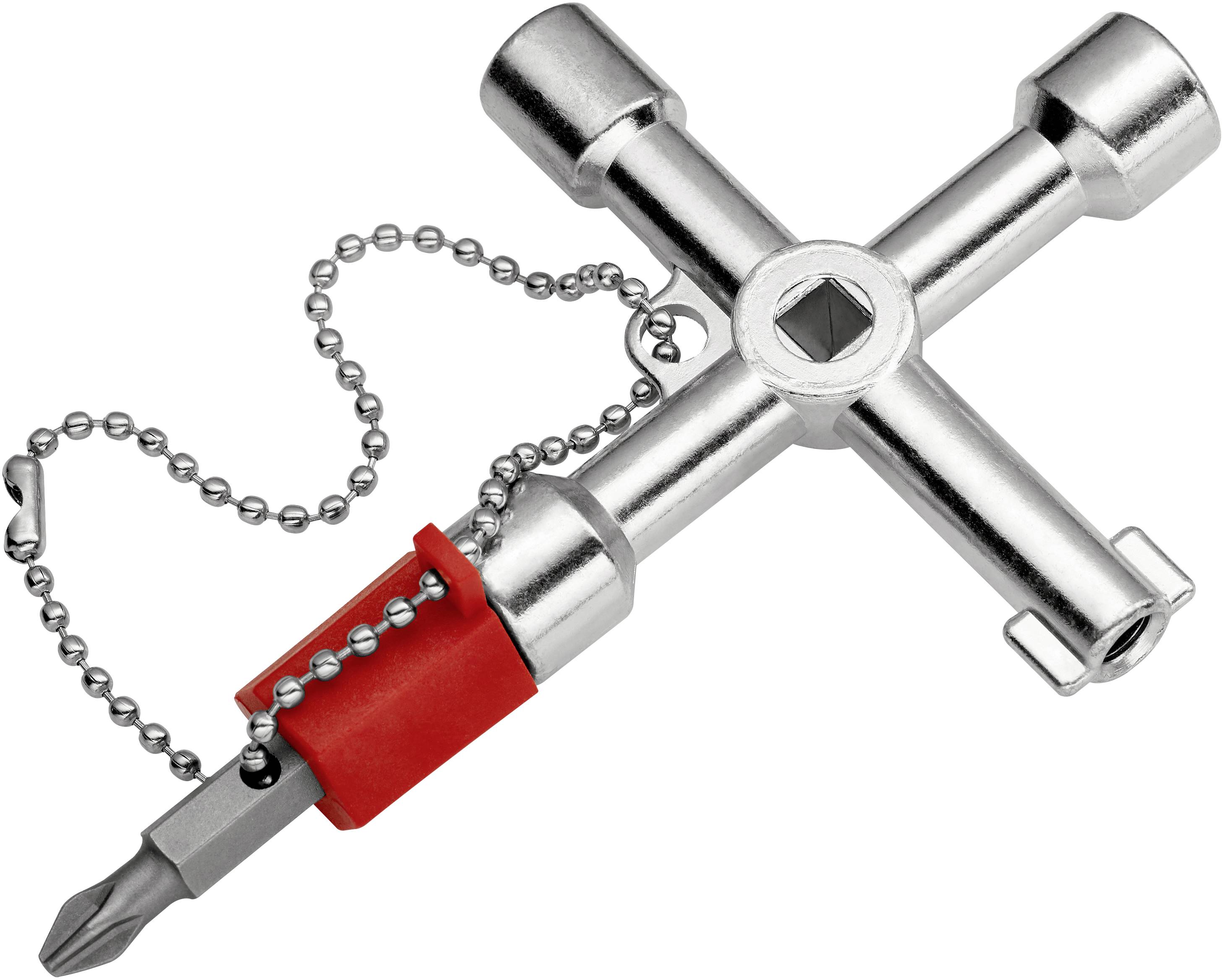 Un utensile chiave esagonale in argento con portachiavi e un supporto rosso che tiene una testa cacciavite.