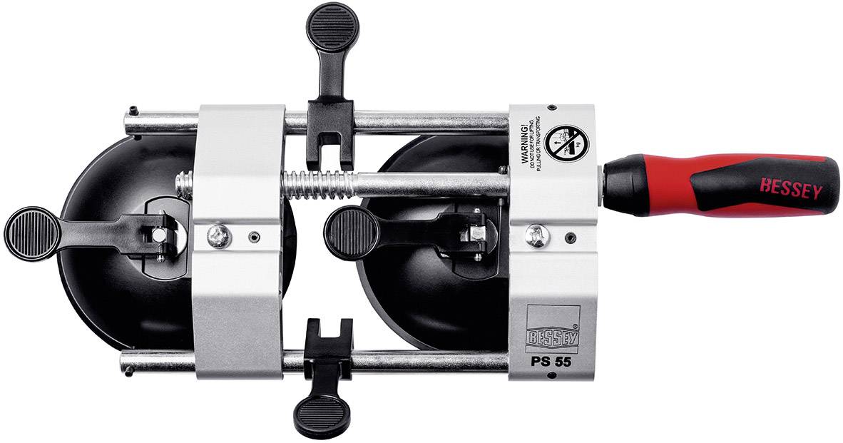 Piastra di fissaggio BESSEY PS 55 con due ventose e ganasce, ideale per bloccare materiali durante i lavori di montaggio.