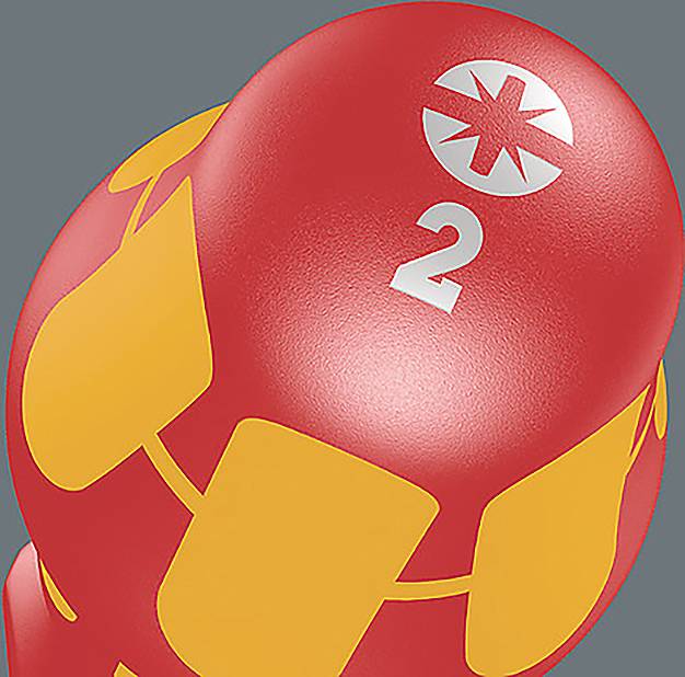 Un oggetto rosso e arancione con un numero '2' e un simbolo a stella in cima. L'oggetto ha un motivo segmentato, probabilmente un giocattolo o un modello.