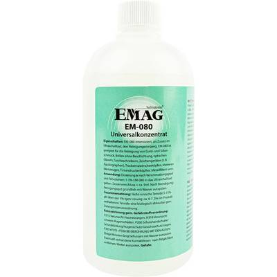 Bottiglia bianca di EMAg EM-080 detergente universale con etichetta turchese e istruzioni di sicurezza/uso in tedesco.