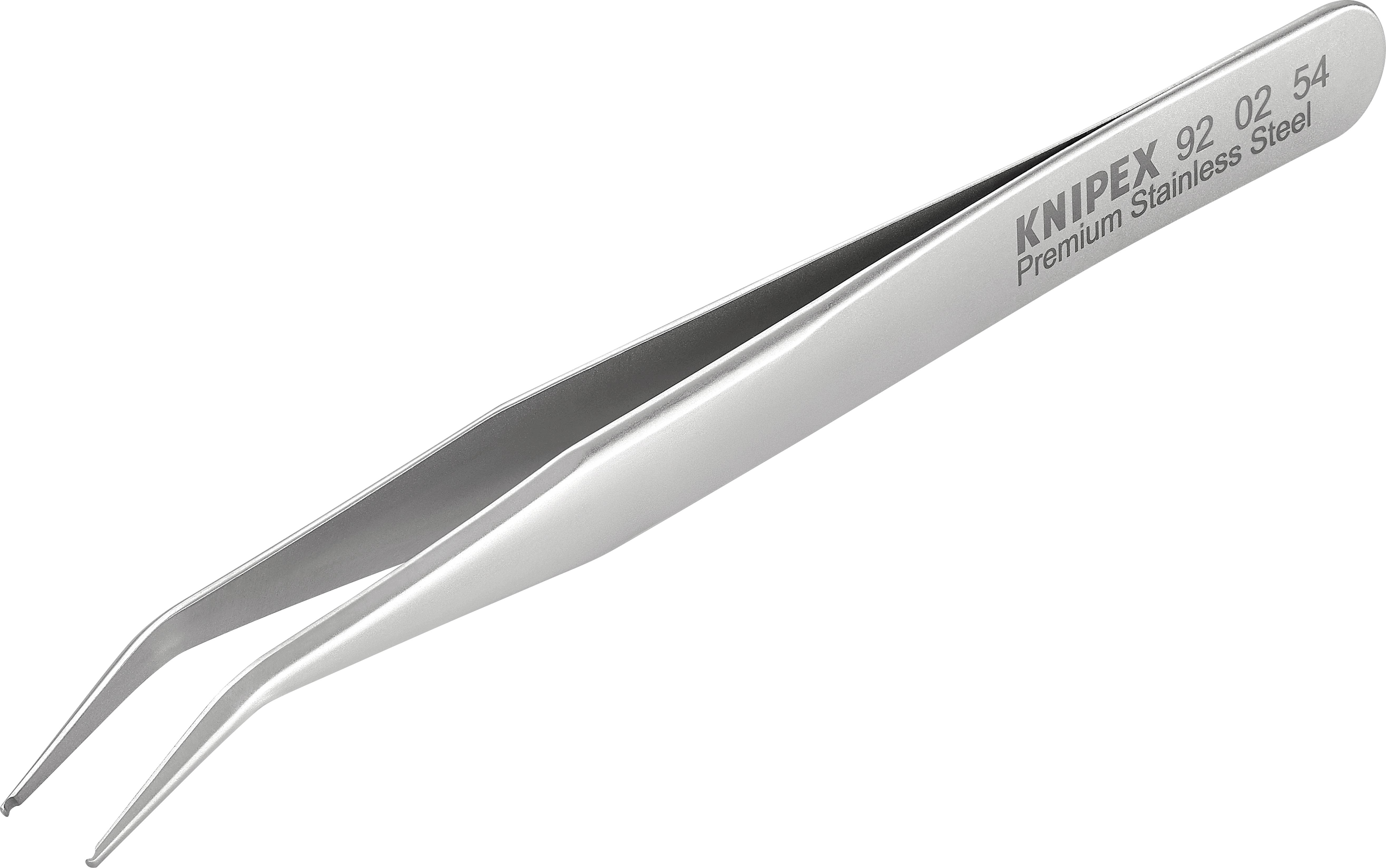 Pinzetta di precisione in acciaio inossidabile di Knipex con punte curve, adatta per lavori di montaggio delicati o per afferrare piccoli componenti.