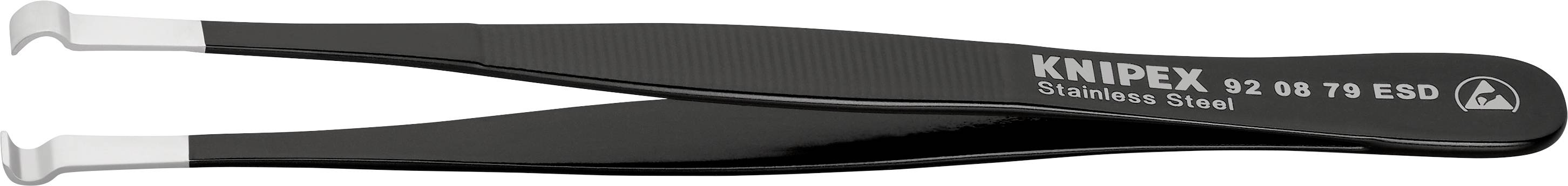Pinzetta nera e curva della marca Knipex, realizzata in acciaio inossidabile, adatta per lavori di precisione in elettronica e micromeccanica.