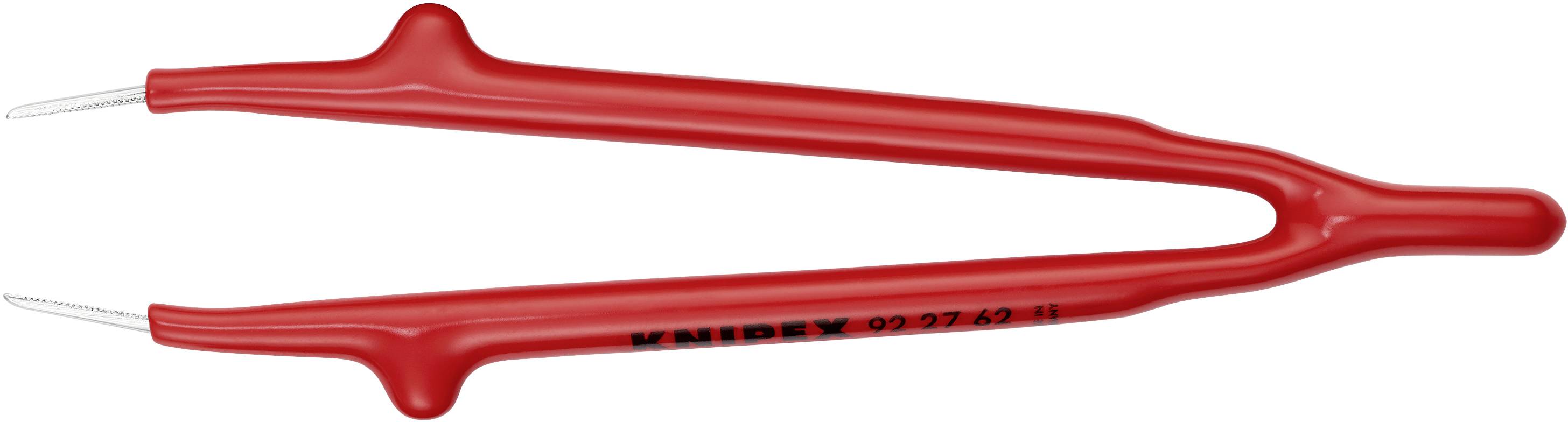 Pinzetta in plastica rossa con punte metalliche sottili, curvata. Strumento per la manipolazione sicura di componenti elettronici delicati.
