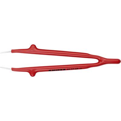 Pinzetta in plastica rossa con punte metalliche sottili, curvata. Strumento per la manipolazione sicura di componenti elettronici delicati.