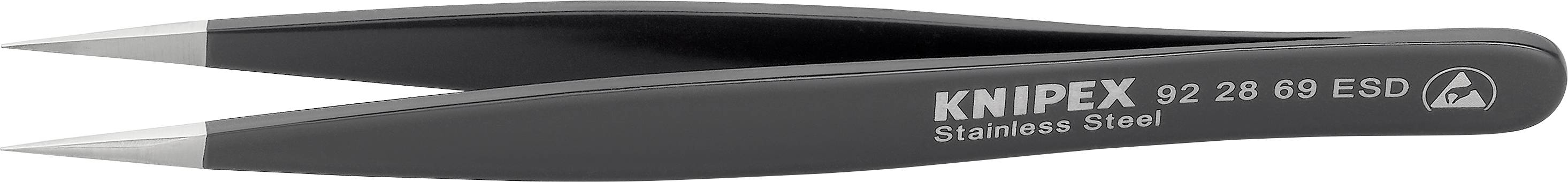 Pinzetta di precisione nera in acciaio inossidabile con marcatura del marchio 'Knipex 92 28 69 ESD'.