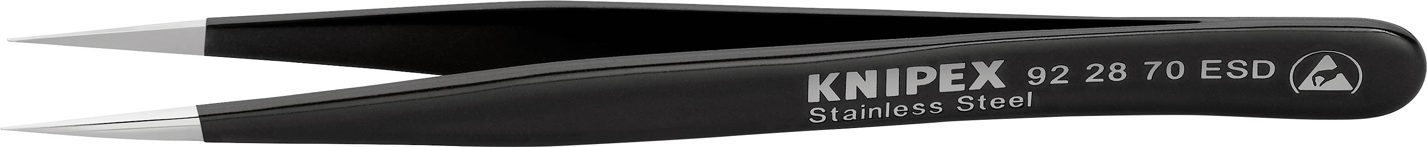 Una pinzetta di precisione nera KNIPEX in acciaio inossidabile, modello 92 28 70 ESD, idonea per applicazioni elettroniche.