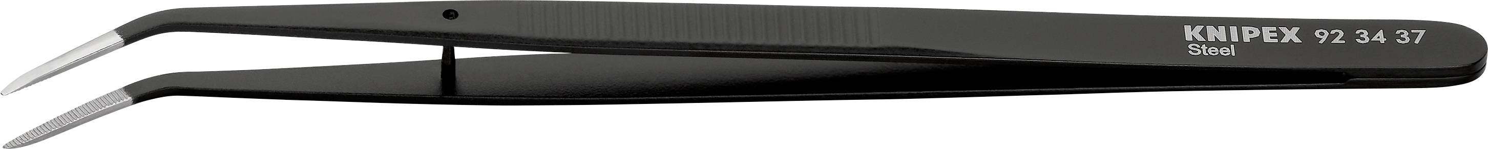 Pinzetta di precisione nera con punte piegate, ideale per lavori delicati. Marchio 'KNIPEX' riconoscibile.