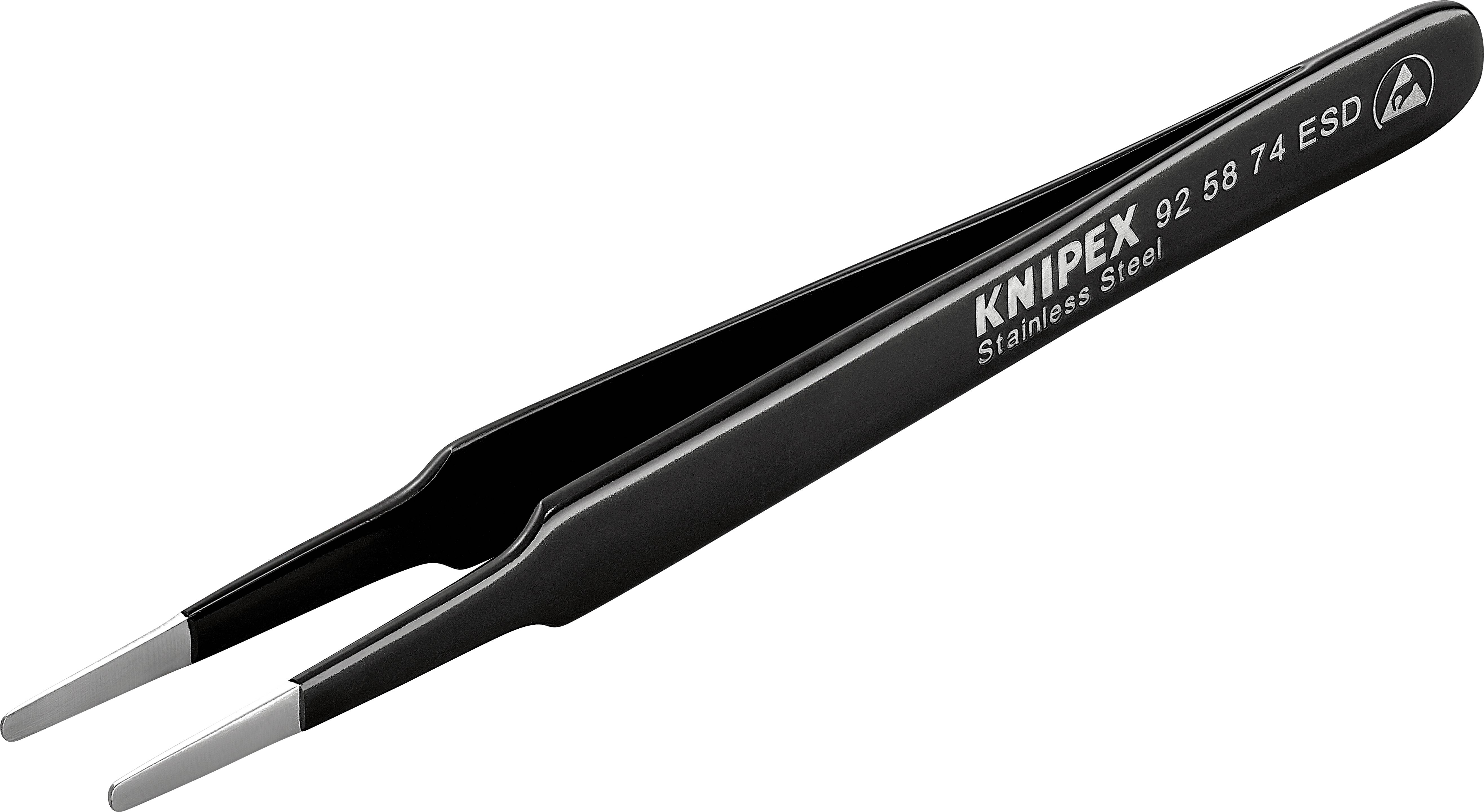 Pinzetta di precisione in acciaio inossidabile nero di Knipex, modello numero 92 58 74 ESD, idonea per lavori elettrostaticamente sensibili.