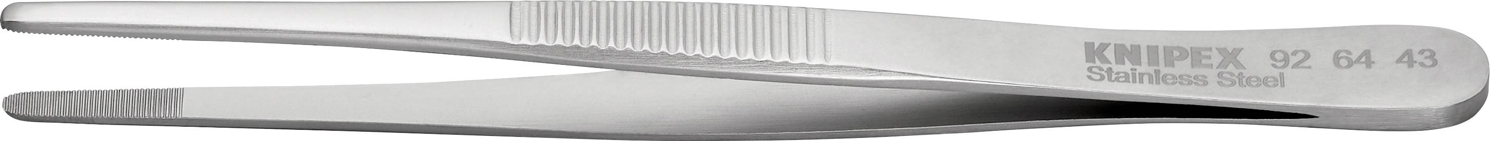 Una pinzetta in acciaio inossidabile con punta fine, posizionata lateralmente, con inciso sul manico 'Knipex 02 04 43 Stainless Steel'.